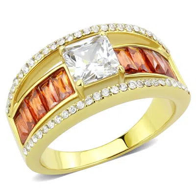 Fashnzfab Ip Gold(ion Plating) Stainless Steel Ring With Aaa Grade Cz In Garnet In Multi