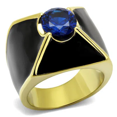 Fashnzfab Ip Gold(ion Plating) Stainless Steel Ring With Aaa Grade Cz In London Blue In Multi