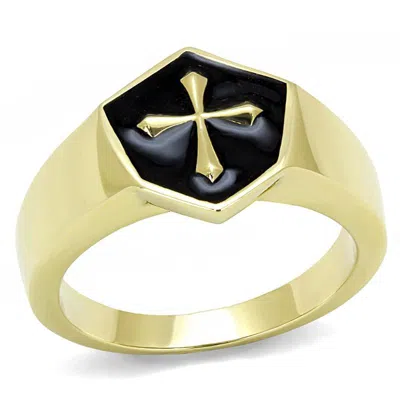 Fashnzfab Ip Gold(ion Plating) Stainless Steel Ring With Epoxy In Jet In Black