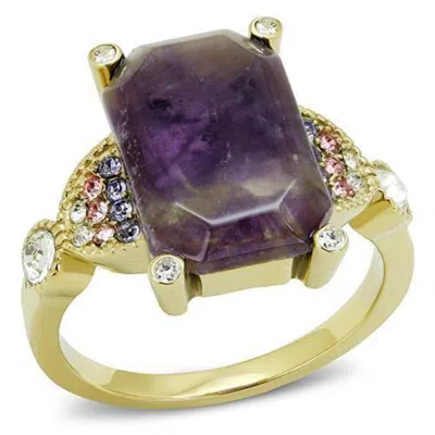 Fashnzfab Ip Gold(ion Plating) Stainless Steel Ring With Semi-precious Amethyst Crystal In Amethyst In Multi