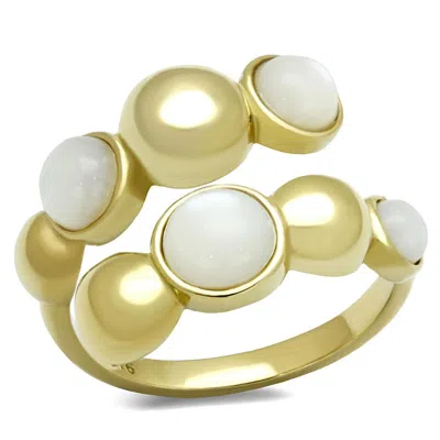 Fashnzfab Ip Gold(ion Plating) Stainless Steel Ring With Semi-precious Coral In Aurora Borealis (rainbow Effec In Multi