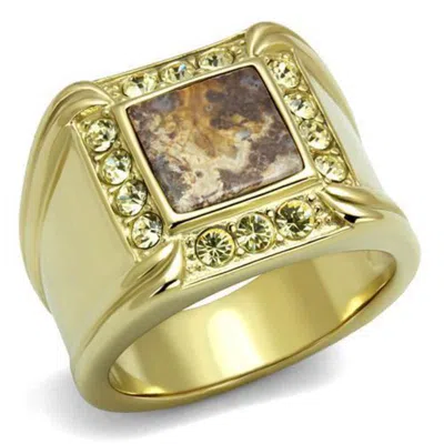 Fashnzfab Ip Gold(ion Plating) Stainless Steel Ring With Semi-precious Oligoclase In Smoked Quartz In Multi