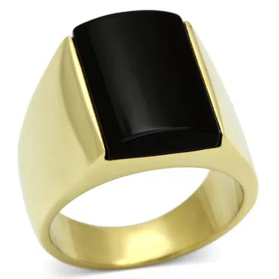 Fashnzfab Ip Gold(ion Plating) Stainless Steel Ring With Semi-precious Onyx In Jet