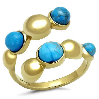 Fashnzfab Ip Gold(ion Plating) Stainless Steel Ring With Semi-precious Turquoise In Sea Blue In Multi