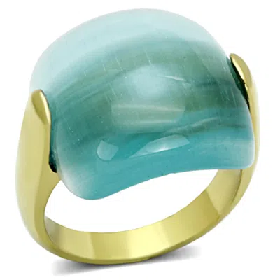 Fashnzfab Ip Gold(ion Plating) Stainless Steel Ring With Synthetic Cat Eye In Sea Blue In Multi