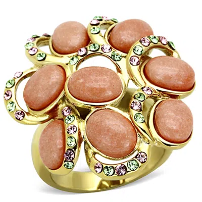 Fashnzfab Ip Gold(ion Plating) Stainless Steel Ring With Synthetic Coral In Orange In Gray