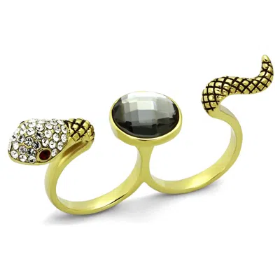 Fashnzfab Ip Gold(ion Plating) Stainless Steel Ring With Synthetic Glass Bead In Black Diamond In Orange