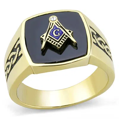 Fashnzfab Ip Gold(ion Plating) Stainless Steel Ring With Synthetic Onyx In Jet In Multi