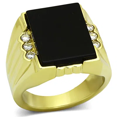 Fashnzfab Ip Gold(ion Plating) Stainless Steel Ring With Synthetic Onyx In Jet In Pink