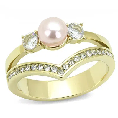 Fashnzfab Ip Gold(ion Plating) Stainless Steel Ring With Synthetic Pearl In Rose In Multi