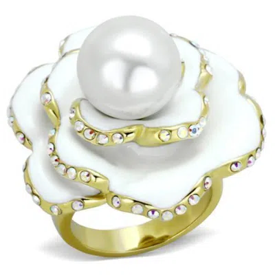 Fashnzfab Ip Gold(ion Plating) Stainless Steel Ring With Synthetic Pearl In White