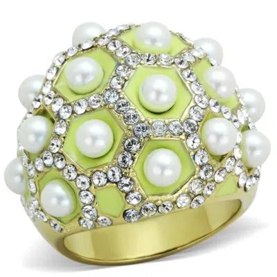 Fashnzfab Ip Gold(ion Plating) Stainless Steel Ring With Synthetic Pearl In White In Green