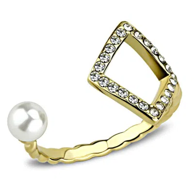 Fashnzfab Ip Gold(ion Plating) Stainless Steel Ring With Synthetic Pearl In White In Multi
