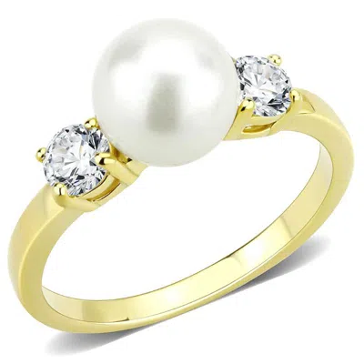 Fashnzfab Ip Gold(ion Plating) Stainless Steel Ring With Synthetic Pearl In White In Multi