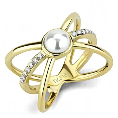 Fashnzfab Ip Gold(ion Plating) Stainless Steel Ring With Synthetic Pearl In White In Multi