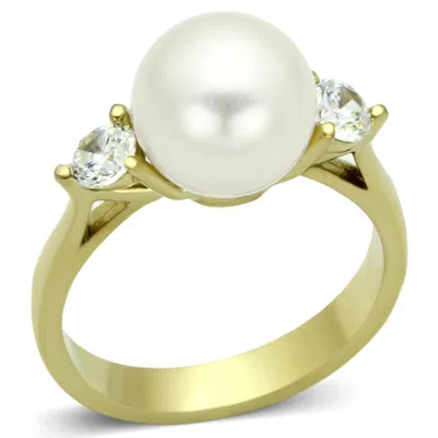 Fashnzfab Ip Gold(ion Plating) Stainless Steel Ring With Synthetic Pearl In White In Silver