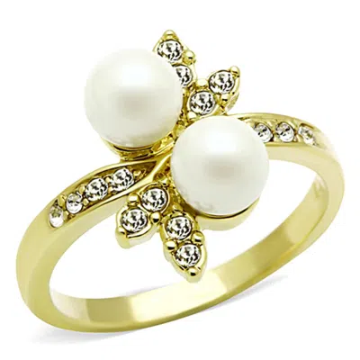 Fashnzfab Ip Gold(ion Plating) Stainless Steel Ring With Synthetic Pearl In White In Silver