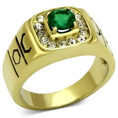 Fashnzfab Ip Gold(ion Plating) Stainless Steel Ring With Synthetic Synthetic Glass In Emerald