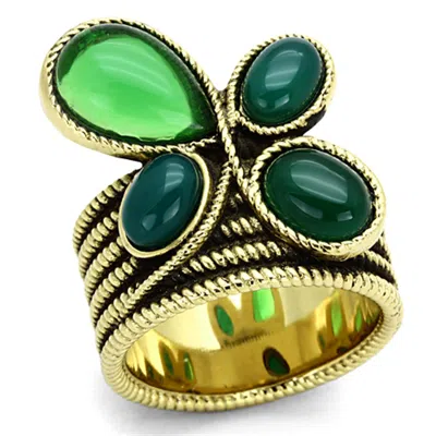 Fashnzfab Ip Gold(ion Plating) Stainless Steel Ring With Synthetic Synthetic Glass In Emerald In Pattern