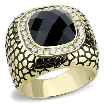 Fashnzfab Ip Gold(ion Plating) Stainless Steel Ring With Synthetic Synthetic Glass In Jet In Orange