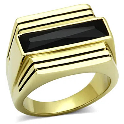 Fashnzfab Ip Gold(ion Plating) Stainless Steel Ring With Synthetic Synthetic Glass In Jet In Pattern