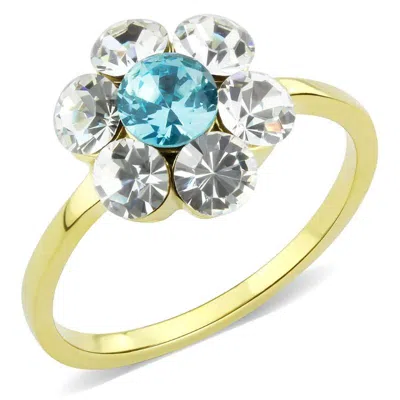 Fashnzfab Ip Gold(ion Plating) Stainless Steel Ring With Synthetic Synthetic Glass In Sea Blue In Multi