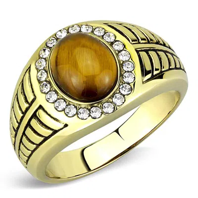 Fashnzfab Ip Gold(ion Plating) Stainless Steel Ring With Synthetic Tiger Eye In Topaz