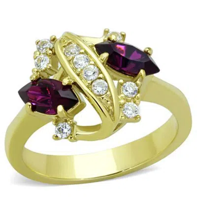 Fashnzfab Ip Gold(ion Plating) Stainless Steel Ring With Top Grade Crystal In Amethyst