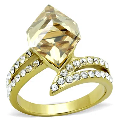Fashnzfab Ip Gold(ion Plating) Stainless Steel Ring With Top Grade Crystal In Champagne