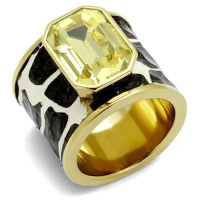 Fashnzfab Ip Gold(ion Plating) Stainless Steel Ring With Top Grade Crystal In Citrine Yellow