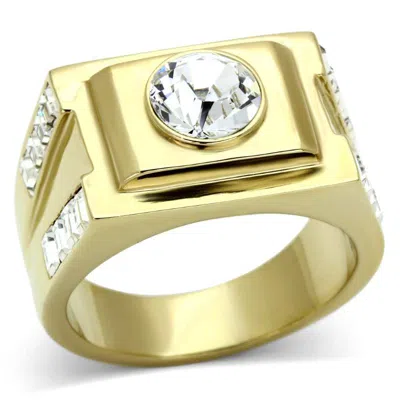 Fashnzfab Ip Gold(ion Plating) Stainless Steel Ring With Top Grade Crystal In Clear