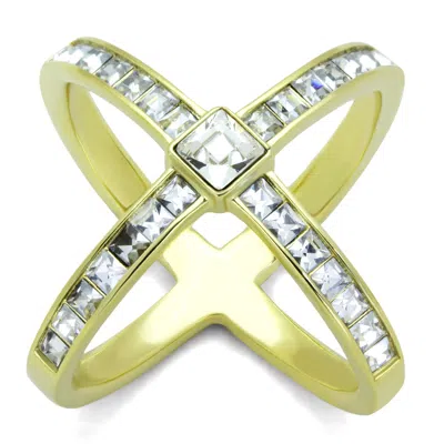 Fashnzfab Ip Gold(ion Plating) Stainless Steel Ring With Top Grade Crystal In Clear In Metallic