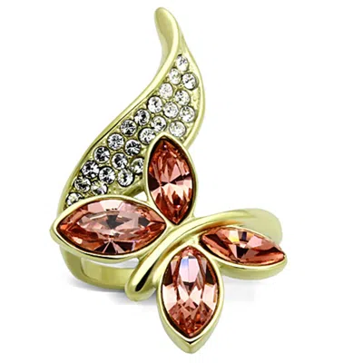 Fashnzfab Ip Gold(ion Plating) Stainless Steel Ring With Top Grade Crystal In Light Peach In Pattern