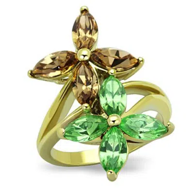 Fashnzfab Ip Gold(ion Plating) Stainless Steel Ring With Top Grade Crystal In Multi Color In Green