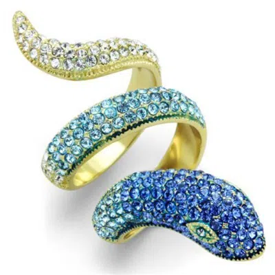 Fashnzfab Ip Gold(ion Plating) Stainless Steel Ring With Top Grade Crystal In Multi Color In Blue