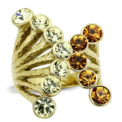 Fashnzfab Ip Gold(ion Plating) Stainless Steel Ring With Top Grade Crystal In Multi Color In Green