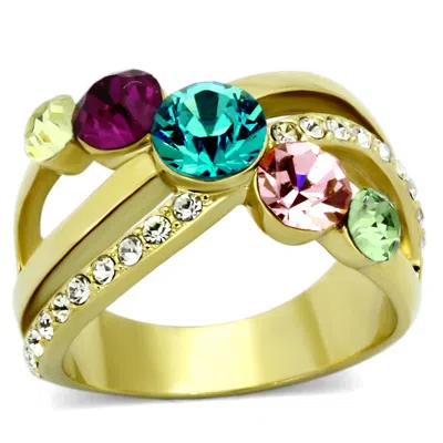 Fashnzfab Ip Gold(ion Plating) Stainless Steel Ring With Top Grade Crystal In Multi Color In Orange