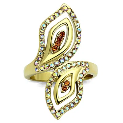 Fashnzfab Ip Gold(ion Plating) Stainless Steel Ring With Top Grade Crystal In Multi Color In Orange