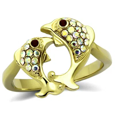 Fashnzfab Ip Gold(ion Plating) Stainless Steel Ring With Top Grade Crystal In Multi Color In Red
