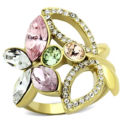 Fashnzfab Ip Gold(ion Plating) Stainless Steel Ring With Top Grade Crystal In Multi Color In Red