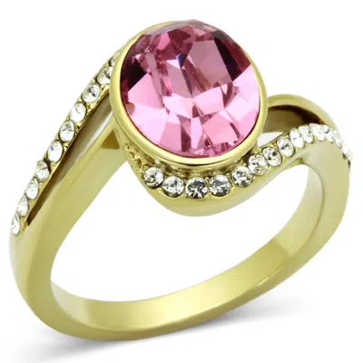 Fashnzfab Ip Gold(ion Plating) Stainless Steel Ring With Top Grade Crystal In Rose In Pink