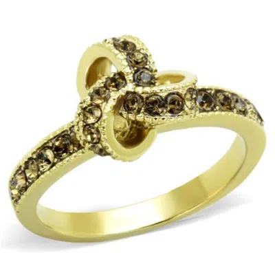 Fashnzfab Ip Gold(ion Plating) Stainless Steel Ring With Top Grade Crystal In Smoked Quartz