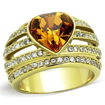Fashnzfab Ip Gold(ion Plating) Stainless Steel Ring With Top Grade Crystal In Topaz