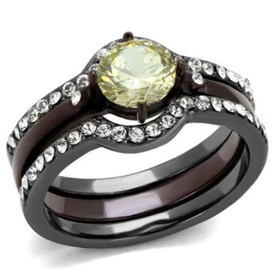 Fashnzfab Ip Light Black & Ip Dark Brown (ip Coffee) Stainless Steel Ring With Aaa Grade Cz In Citrine Yellow In Multi