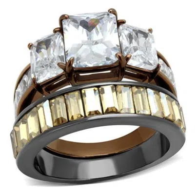 Fashnzfab Ip Light Black & Ip Light Coffee Stainless Steel Ring With Aaa Grade Cz In Clear In Metallic