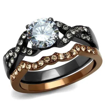 Fashnzfab Ip Light Black & Ip Light Coffee Stainless Steel Ring With Aaa Grade Cz In Clear In Red