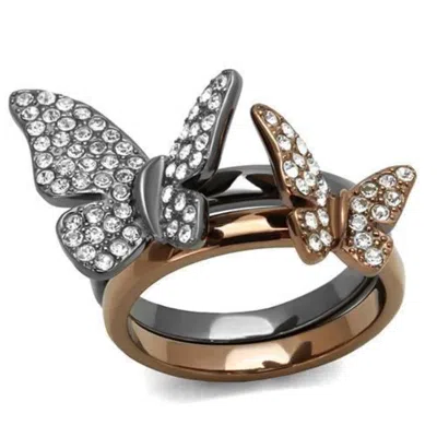 Fashnzfab Ip Light Black & Ip Light Coffee Stainless Steel Ring With Top Grade Crystal In Clear In Gold