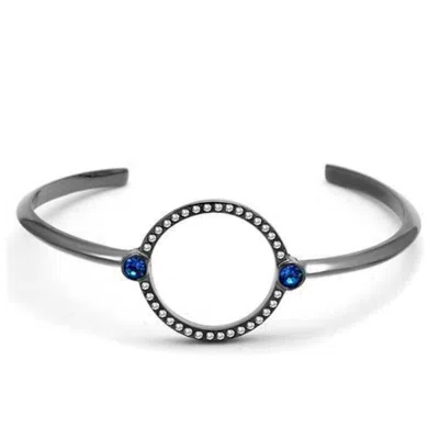 Fashnzfab Ip Light Black Stainless Steel Bangle With Top Grade Crystal In Capri Blue In Silver