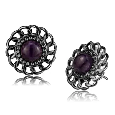 Fashnzfab Ip Light Black Stainless Steel Earrings With Semi-precious Amethyst Crystal In Amethyst