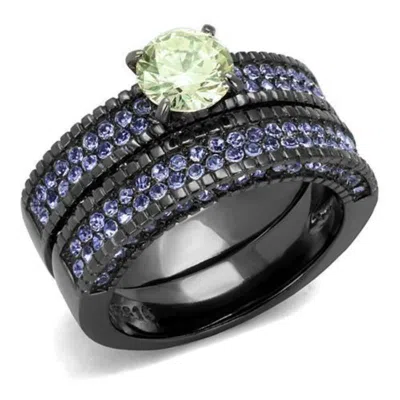 Fashnzfab Ip Light Black Stainless Steel Ring With Aaa Grade Cz In Apple Green Color